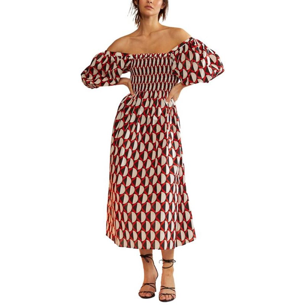 Cynthia Rowley Off-Shoulder Midi Dress in Red, Black & White